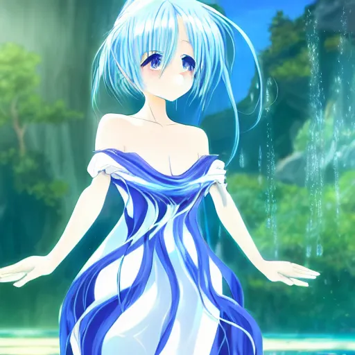 Prompt: a very beautiful anime girl wearing a elegant dress made of water standing in a azure blue crystal lake , full body, long white hair with azure blue highlights blending into the dress , azure blue watery eyes, full round face, seductive over the shoulder glances ,soft smile,tears, lens flare, cinematic lighting, medium shot, mid-shot, highly realistically detailed, trending on artstation, Unreal Engine 4k, Stanley Artgerm Lau, WLOP, Rossdraws, James Jean, Andrei Riabovitchev, Marc Simonetti, and Sakimichan