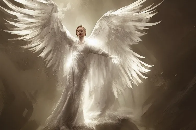 Image similar to a white angel with feathered wings open, digital art in the style of Craig Mullins , 4k