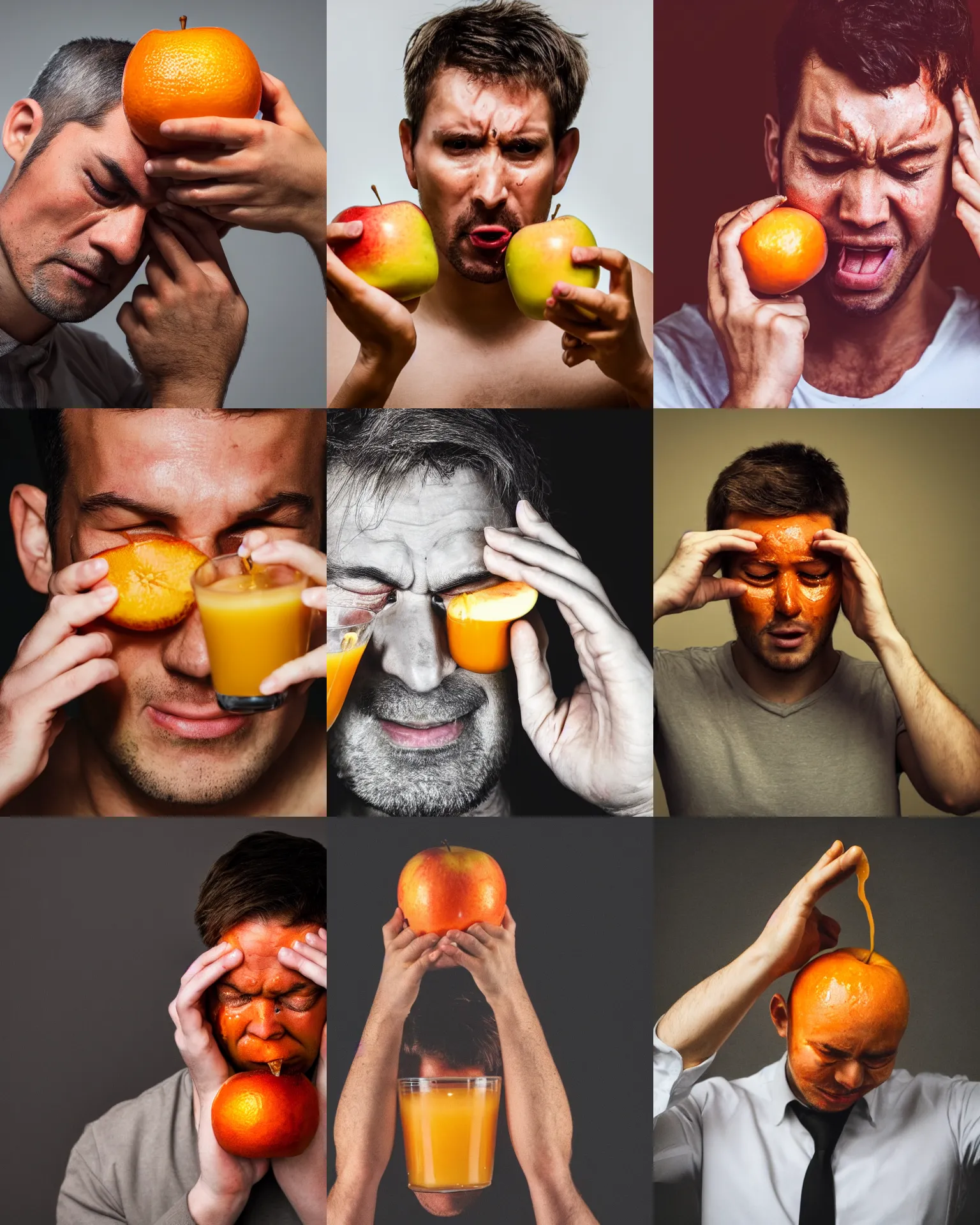 Prompt: man with apple head crying tears of orange juice, 4 k photography