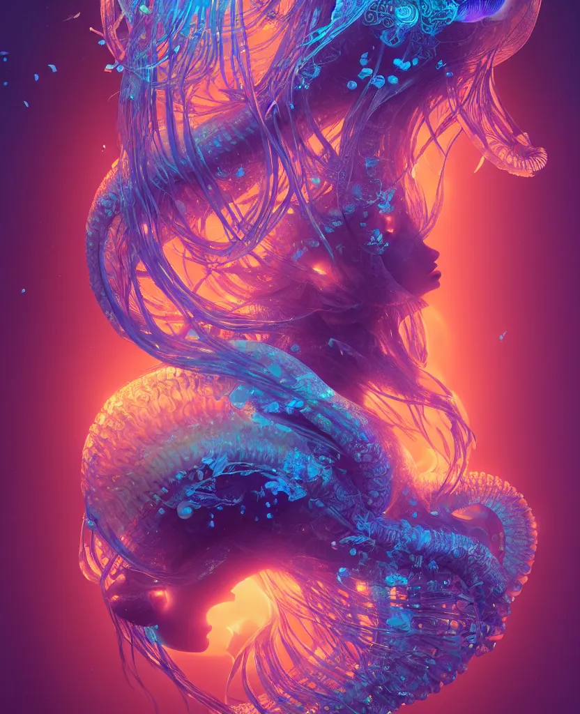 Image similar to goddess close-up portrait. orchid jellyfish phoenix head, nautilus, skull, betta fish, bioluminiscent creatures, intricate artwork by Tooth Wu and wlop and beeple. octane render, trending on artstation, greg rutkowski very coherent symmetrical artwork. cinematic, hyper realism, high detail, octane render, 8k