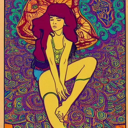 Prompt: rocker teen girl laying on the floor, writing on Journal. 1970s colorful psychedelic bedroom. Trippy. Moscoso. Mucha.