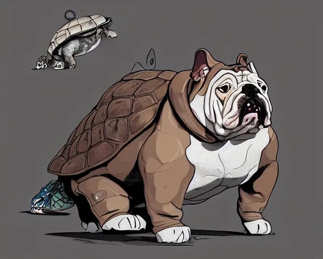 Prompt: cell shaded cartoon of a realistic bulldog with a turtle shell, concept art by josan gonzales and wlop, by james jean, victo ngai, david rubin, mike mignola, deviantart, art by artgem