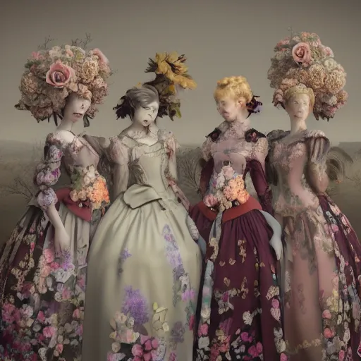 Image similar to 8k, octane render, realism, tonalism, rococo, renaissance, baroque, group of creepy young ladies wearing long harajuku manga dress with flowers and skulls, background chaotic flowers