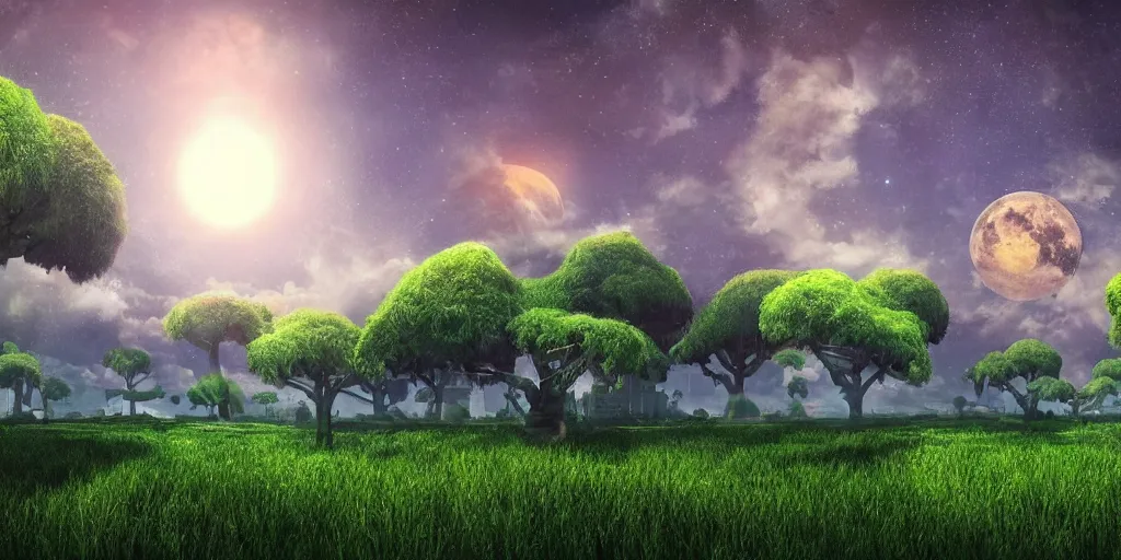 Image similar to digital art, trending on artstation, the sky of an alternate earth with 3 suns and a moon, with a large green meadow, baobab trees and uninhabited alien houses.