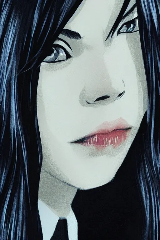 Prompt: medium close-up of a girl with a stylish trenchcoat by Ilya Kuvshinov, black medium length Dutch bob cut hair with straight bangs, poster