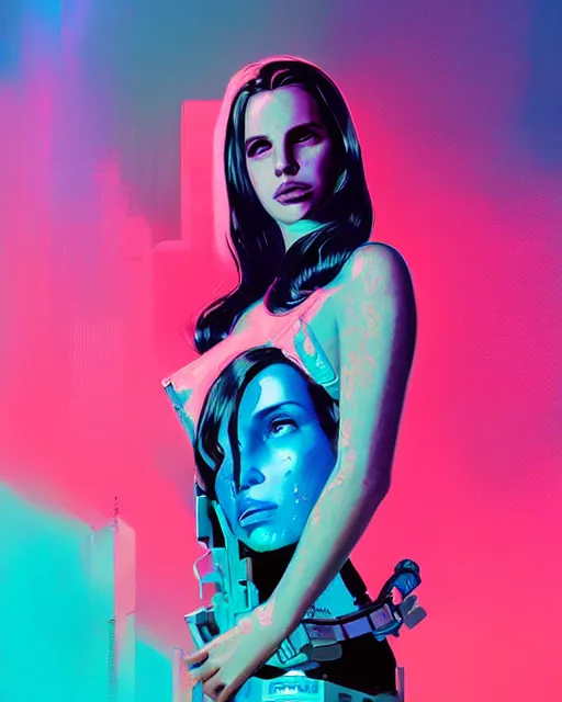 Image similar to portrait of lana del rey as a cyborg. realist abstract. key art. cyberpunk, blue and pink, intricate artwork. cyberpunk augmentations art by tooth wu, wlop, beeple, dan mumford. 8 k octane render, trending on artstation, greg rutkowski very coherent symmetrical artwork. cinematic, hyperrealism, very detailed, iridescent accents