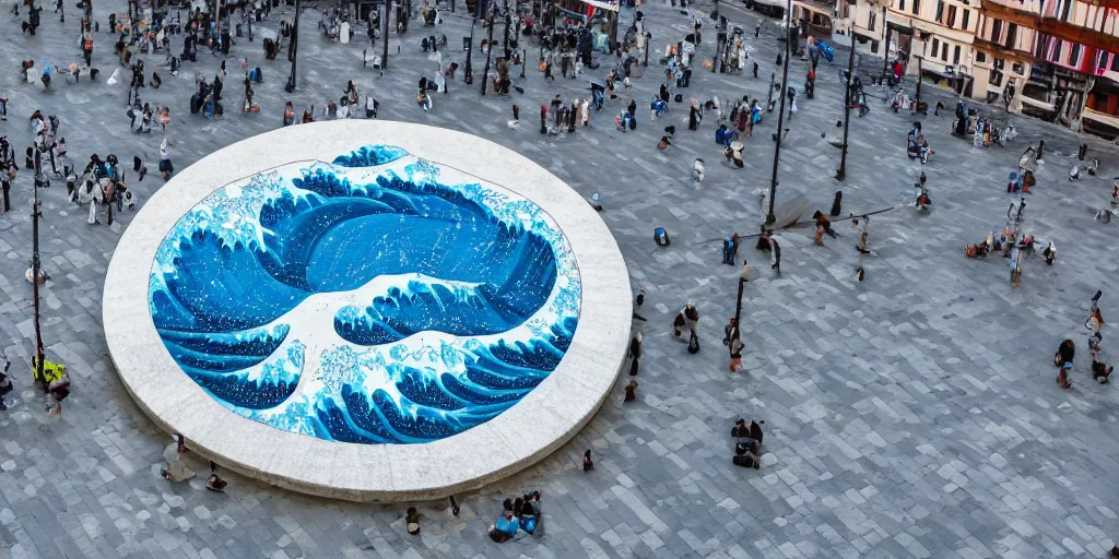 Image similar to A white and blue marble sculpture of The Great Wave off Kanagawa in the middle of an empty Italian piazza, midday, 4k photograph, sunny day, long shot, overhead view, far away