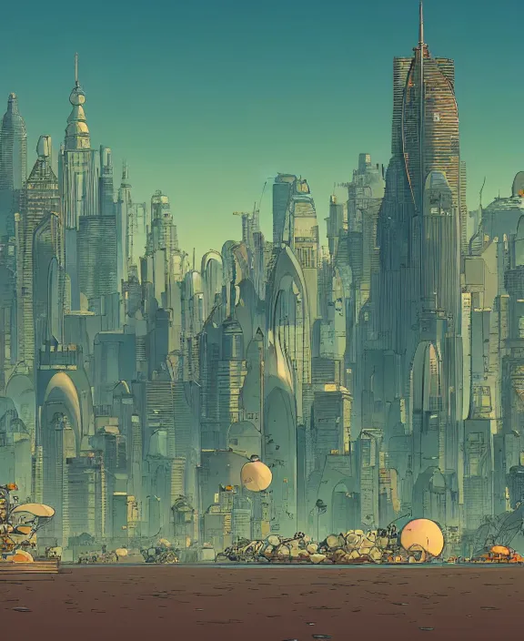 Image similar to simplicity, city skyline made from obese sea slugs, in the style of a puffy spaceship, skeletons, partly cloudy, spooky, dramatic lighting, by geof darrow, bill sienkiewicz, dan mumford, yusuke murata, makoto shinkai, ross tran, cinematic, unreal engine, cel shaded, featured on artstation, pixiv