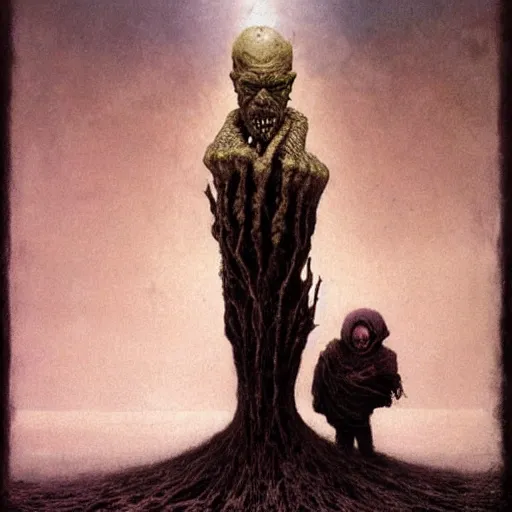 Prompt: thanos holding small child zdzislaw beksinski horror