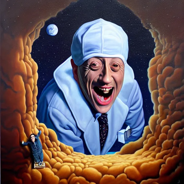 Image similar to an oil on canvas portrait painting of rob schneider, surrealism, surrealist, cosmic horror, rob gonsalves, high detail