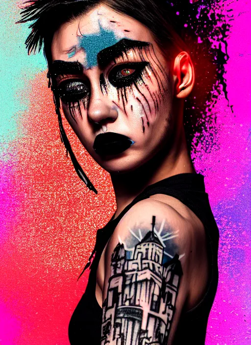 Prompt: digital painting of a streetwear woman wearing thick mascara, crying, a city burns in the background, police lights, distress, tattoos, dark glitter, Cinestill 50d, 4k, 8k, hd, full color, octane render, trending on artstation, highly detailed