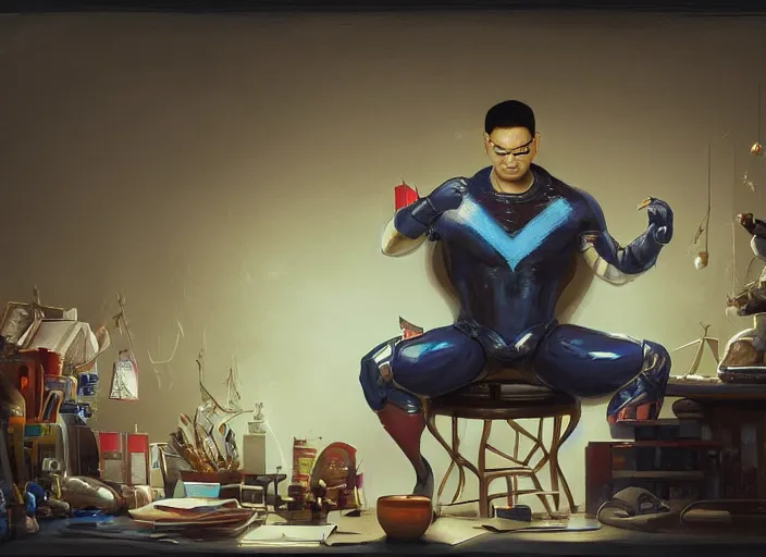 Image similar to an insanely detailed painting of an asian man wearing a homemade superhero costume, sitting at a desk, staring seriously at the computer and typing, in the style of peter mohrbacher, james jean, dramatic lighting and composition, surreal background, octane render, pixar, trending on artstation, concept art, comic book, view from behind, 8 k