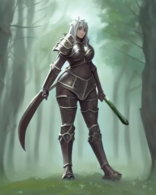 Image similar to concept art of a thicc girl knight in a epic pose, wearing heavy medival knight armor, holding a long sword, walking through a foggy oak forest | | epic - fine - clean, polished, trending on artstation, brush strokes