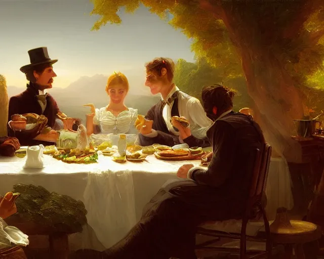 Prompt: an oil painting of victorian dinner, a digital painting by thomas cole, cgsociety, metaphysical painting, 2 d game art, storybook illustration, detailed painting