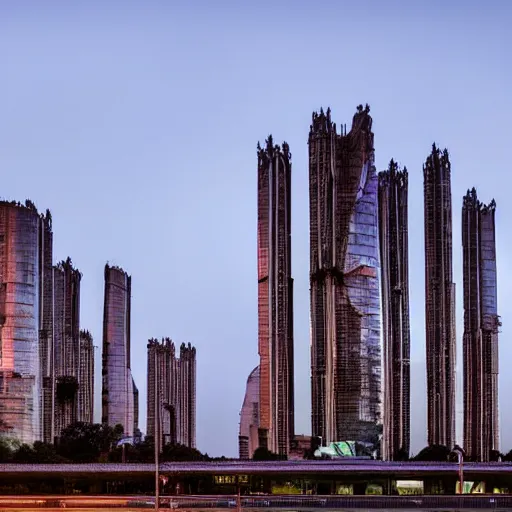 Prompt: a wide shot of a sci - fi beautiful neo - brutalist monumental multi - building structure, tall buildings with spaceship parking lots on top, with many rounded elements sprouting from the base tower creating a feel of an organic structure, photography shot at blue hour