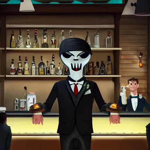 Image similar to Wendigo in a tuxedo suit as a barista in a bar, digital art, illustration, oil on canvas, trending on Artstation