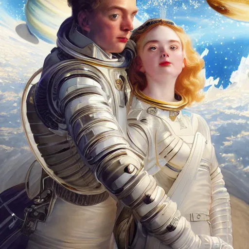 Image similar to leyendecker and peter paul rubens, head and shoulders portrait of a elle fanning in space, unreal engine, fantasy art by global illumination, radiant light, detailed and intricate environment