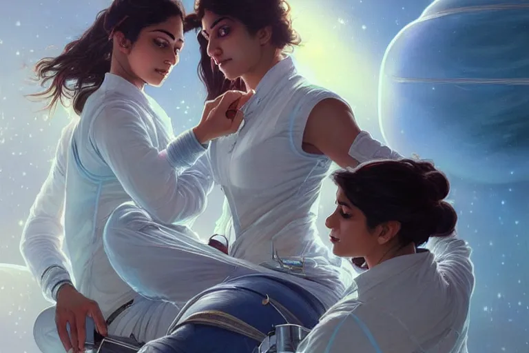 Image similar to Sensual good looking pale young Indian doctors wearing jeans partying in a space station above Earth performing surgery, portrait, elegant, intricate, digital painting, artstation, concept art, smooth, sharp focus, illustration, art by artgerm and greg rutkowski and alphonse mucha