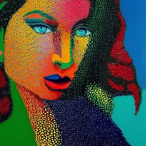 Image similar to an abstract portrait of a woman, pointillism, big brushstrokes, vivid colours, it is a very beautiful painting