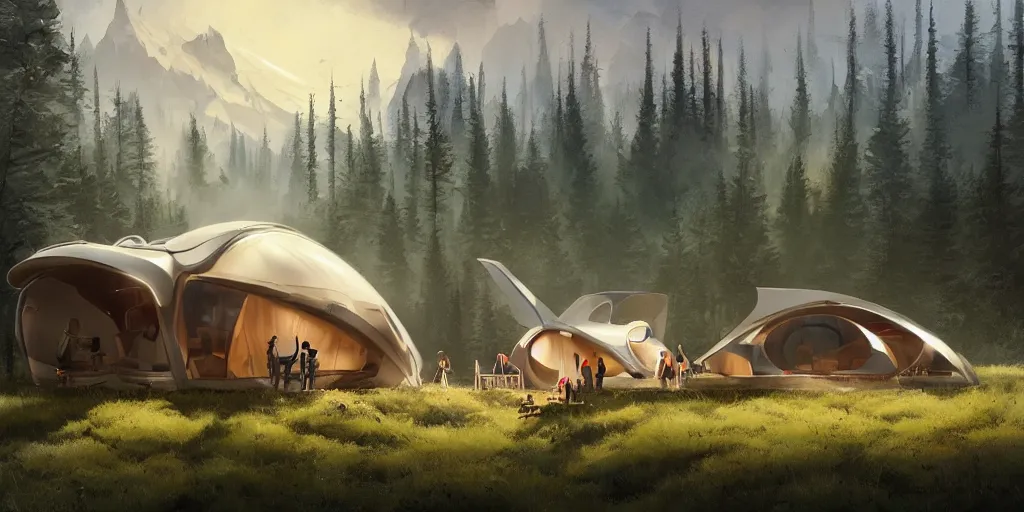 Image similar to cabela's tent futuristic pop up family pod, cabin, modular, person in foreground, mountainous forested wilderness open fields, beautiful views, painterly concept art, joanna gaines, environmental concept art, farmhouse, magnolia, concept art illustration by ross tran, by james gurney, by craig mullins, by greg rutkowski trending on artstation