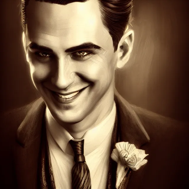 Image similar to portrait of a 1 9 2 5 magician, clean shaven, smiling, atmospheric lighting, intricate, ultra detailed, well composed, best on artstation, cgsociety, epic, stunning, gorgeous, intricate detail, wow, masterpiece