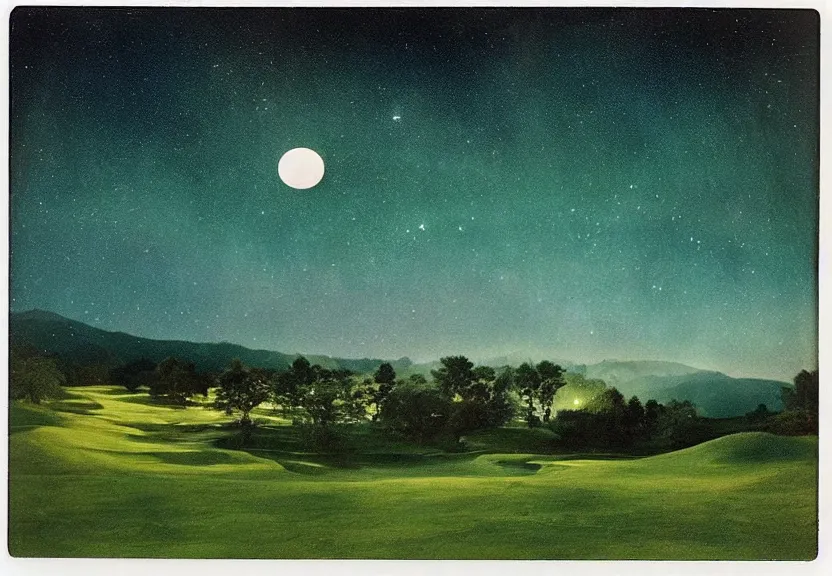 Prompt: eerie moonlight, stone walls, birds eye view of a perfect elysian dreamlike green hilly pastoral psychedelic golf course landscape with stone walls under cosmic stars, cherished trees, memory trapped in eternal time, golden hour, dark sky, evening starlight, haunted vintage psychedelic painted polaroid by hiroshi yoshida