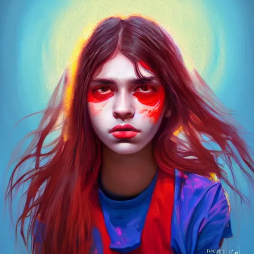 Image similar to colorful and festive captivating teenager with straight brown hair covering his eye, dark skin, big lips, big eyes, wearing a red t - shirt. rich vivid colors, ambient lighting, dynamic lighting, 4 k, atmospheric lighting, painted, intricate, highly detailed by charlie bowater