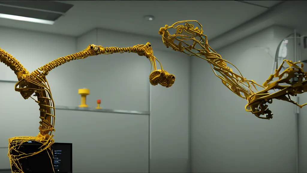Prompt: a complex bifurcated robotic cnc surgical arm hybrid 3 d printer machine making organic ceramic kintsugi mandlebulb forms in the laboratory room, very thin gold wire, film still from the movie directed by denis villeneuve with art direction by salvador dali, wide lens, f 3 2, cinematic lighting, studio quality, smooth render, unreal engine 5 rendered, octane rendered