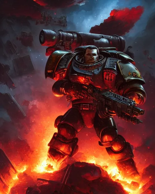 Image similar to space marine surrounded by explosions and burning buildings, sharp focus, hyper detailed, dark fantasy, warhammer 4 0 k, digital painting, by by artgerm and greg rutkowski and magali villeneuve