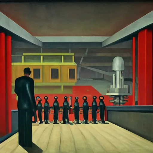 Prompt: powerless humans on a conveyor belt, guarded by fascist robot overlords, brutalist industrial processing facility, dystopian, pj crook, edward hopper, oil on canvas