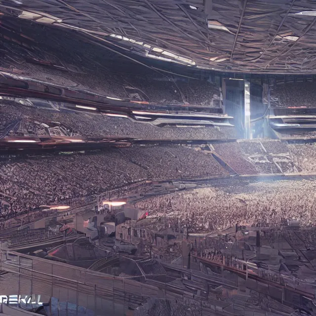 Image similar to a futuristic stadium with a giant artstation mecha, the stadium has a full crowd, unreal engine, hyper realism, realistic shading, cinematic composition, realistic render, octane render, wide shot