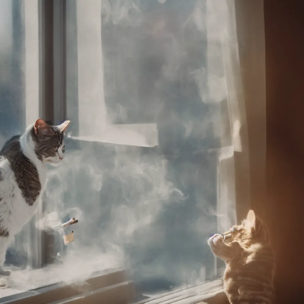 Prompt: a cat sitting on the window sill smoking a cigarette with the sun shining through