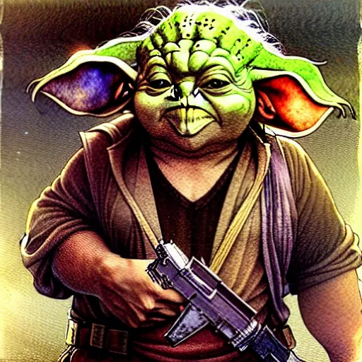 Prompt: a realistic and atmospheric watercolour fantasy character concept art portrait of a fat sleazy homeless chibi yoda wearing a wife beater and holding a handgun, by rebecca guay, michael kaluta, charles vess and jean moebius giraud