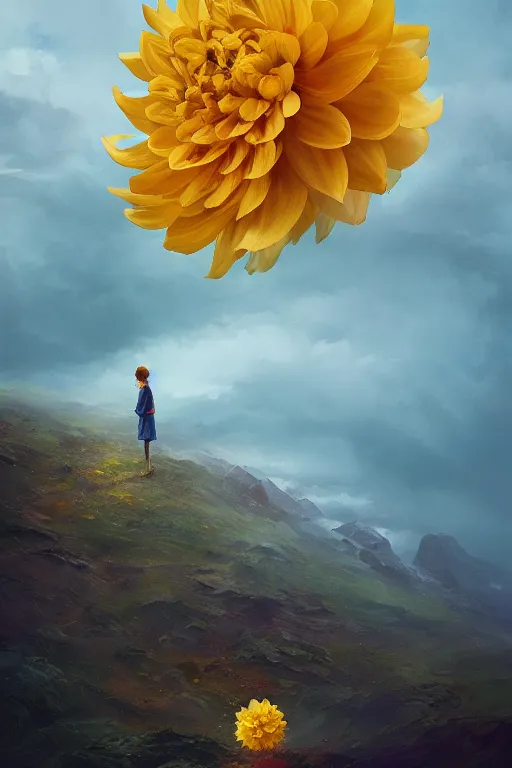 Image similar to closeup girl with huge yellow dahlia flower face, intricate, standing on mountain, surreal photography, blue storm clouds, dramatic light, impressionist painting, digital painting, artstation, simon stalenhag