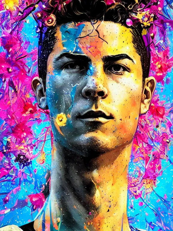 Prompt: art portrait of christiano ronaldo with blossoms exploding out of head,by tristan eaton,Stanley Artgermm,Tom Bagshaw,Greg Rutkowski,Carne Griffiths,trending on DeviantArt,face enhance,chillwave,minimalist,cybernetic, android, blade runner,full of color,