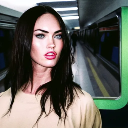 Prompt: fujifilm superia photo portrait of megan fox in the london subway, gloomy, grainy