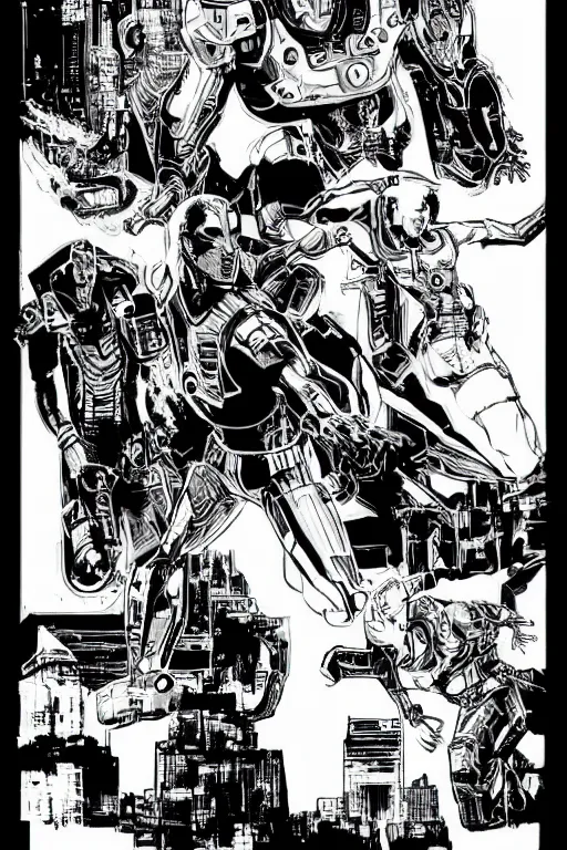 Image similar to ultron, a page from cyberpunk 2 0 2 0, style of paolo parente, style of mike jackson, adam smasher, johnny silverhand, 1 9 9 0 s comic book style, white background, ink drawing, black and white