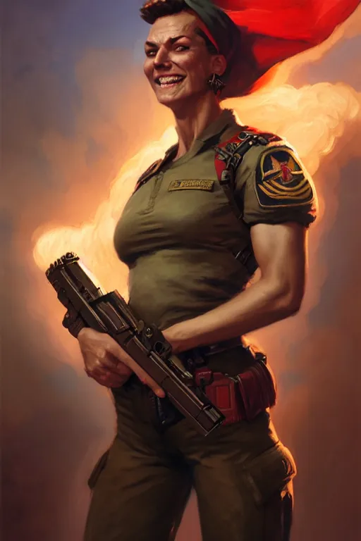 Prompt: dynamic fullbody portrait of a beautiful strong muscular female with short hairs, smiling, dressed in a military uniform with a red bandana and long trousers, armed with enormous gun, in starship full of smoke, aliens vasquez, by greg rutkowski and gaston bussiere and craig mullins and j. c. leyendecker, volumetric lighting, hd