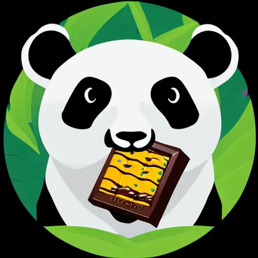 Image similar to vector artwork of a panda eating a chocolate bar, colorful, playful