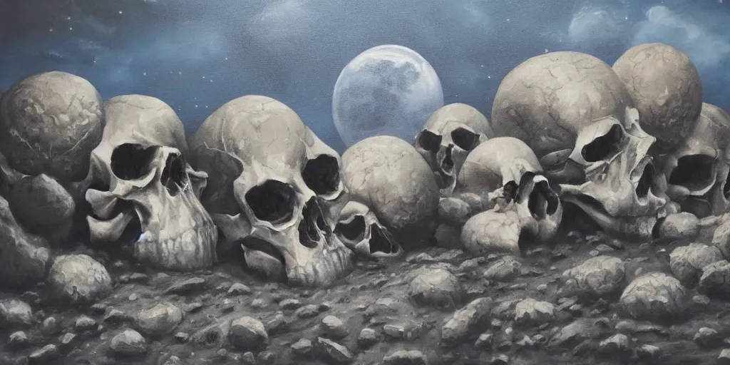 Prompt: a few giant skulls on the moon, oil on canvas