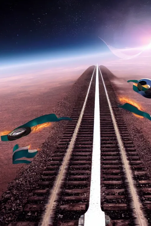 Image similar to flying train track in atmosphere around planet earth, epic award winning cinematic still