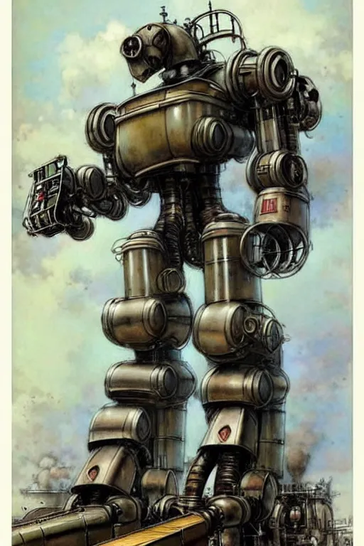 Image similar to (((((1950s huge steam engine mecha robot. muted colors.))))) by Jean-Baptiste Monge !!!!!!!!!!!!!!!!!!!!!!!!!!!