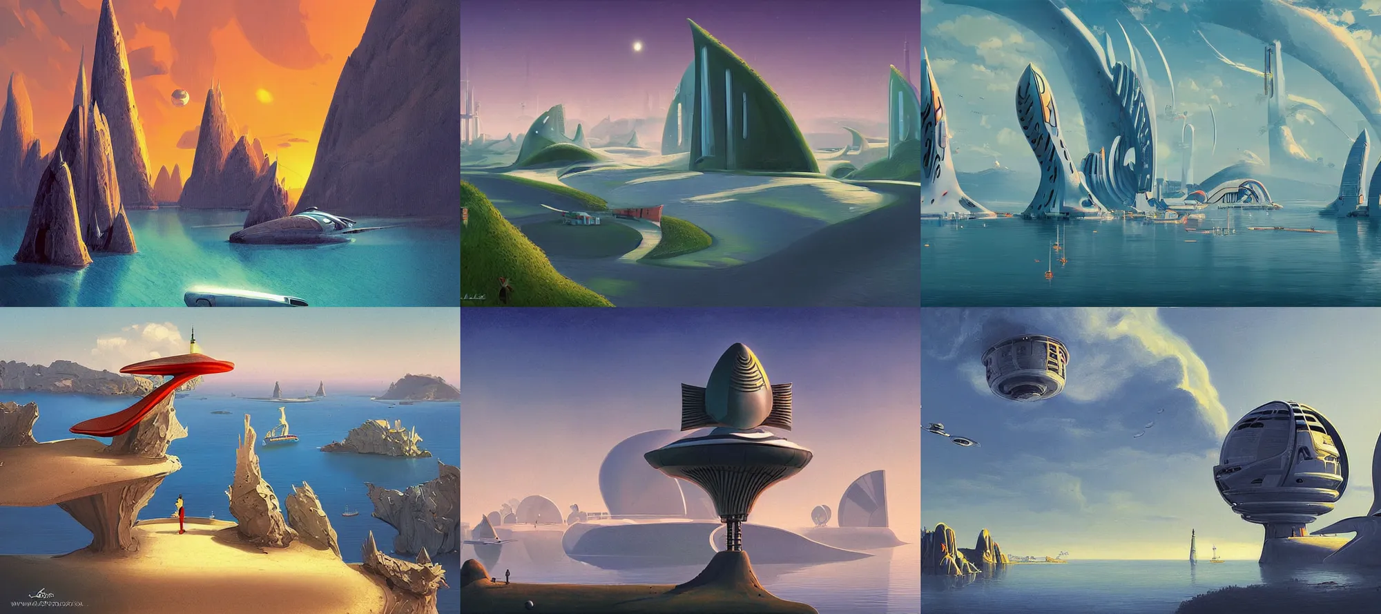 Prompt: futuristic Cape Cod in the style of Dr. Seuss, starships, painting by Raphael Lacoste