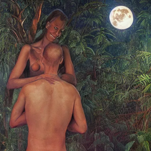 Prompt: the illuminated mystic Rhodesian ridgeback and a man and a woman in love, softly lit from behind, full moon night in the jungle Portrait by Paul Bonner, oil on canvas