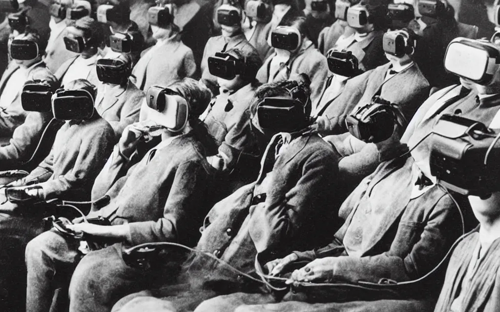 Image similar to 1 9 0 0 s photo of people using iphones ipods virtual reality headsets vr watching hd tv in a movie theater