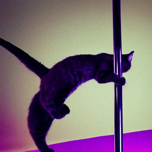 Prompt: photo of anthropomorphic cat pole dancing