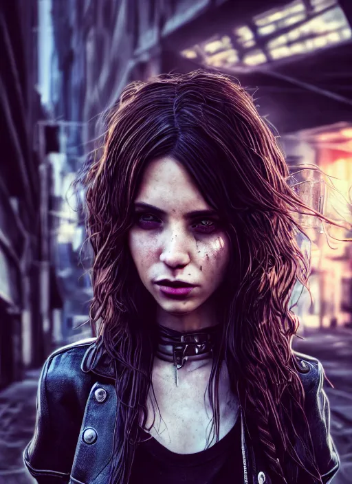 Prompt: 3 / 4 portrait, 3 5 mm dslr photo, emma slave, gang clothing, brunette, long hair, fashion, id magazine, hyperrealism, detailed textures, photorealistic, 3 d cyberpunk apocalyptic city, ultra realistic, cinematic, intricate, cinematic light, unreal engine 8 k,, david kostic, artgerm