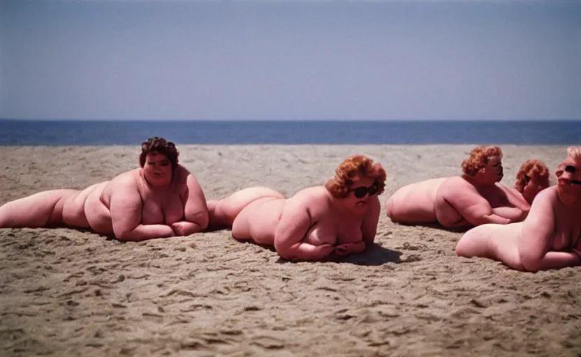 Prompt: 50s movie still: obese people sunbathing at the Polish seaside, by David Bailey, Cinestill 800t 50mm eastmancolor, heavy grainy picture, very detailed, high quality, 4k, HD criterion, precise texture, realistic human anatomy