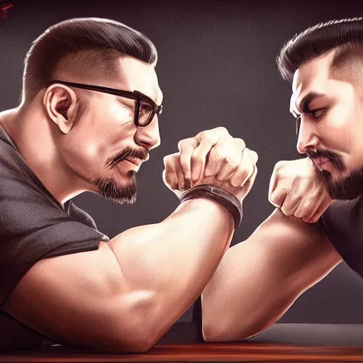 Image similar to two shady looking guys arm wrestling , made by Stanley Artgerm Lau, WLOP, Rossdraws, ArtStation, CGSociety, concept art, cgsociety, octane render, trending on artstation, artstationHD, artstationHQ, unreal engine, 4k, 8k,