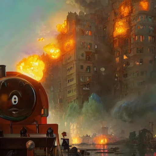 Image similar to thomas the tank engine destroying a city, 8 k, highly detailed, digital painting, unreal engine tech demo, vivid colors, artstation, art by artgerm and greg rutkowski and alphonse mucha